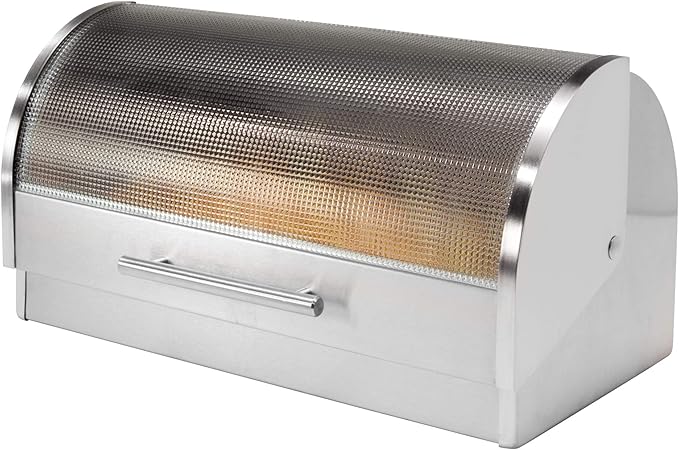 Oggi Stainless Steel Roll Top Bread Box for Kitchen Countertop with Tempered Glass Lid - Fits Multiple Large Loaves of Bread and Other Freshly Baked Goods Including Cookies, Bagels, Muffins