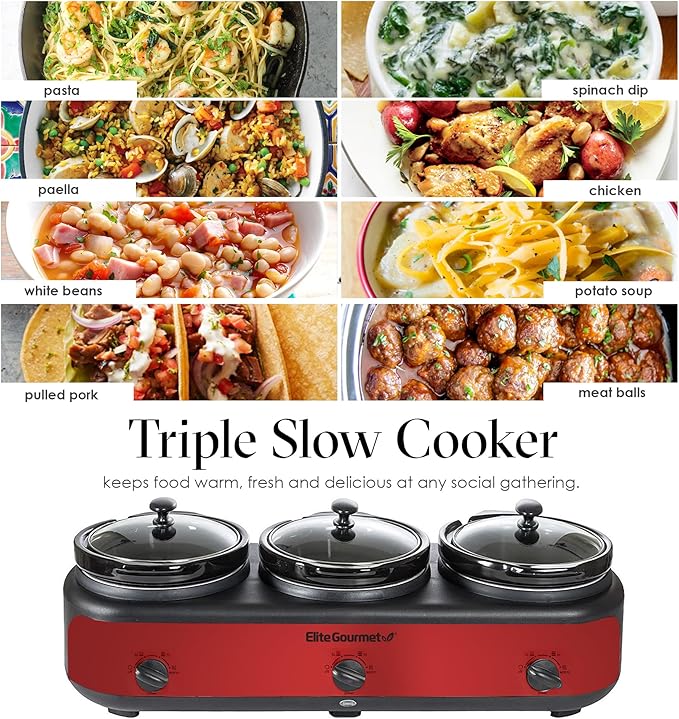 Elite Gourmet EWMST-325R Maxi-Matic Triple Slow Cooker Buffet Server Adjustable Temp Dishwasher-Safe Oval Ceramic Pots, Lid Rests, 3 x 2.5 Qt Capacity, Red