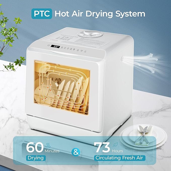 EUHOMY Countertop Dishwasher Portable with 6 Programs, 5L Built-in Water Tank for Apartments, 167℉ High-Temp, No Hookup Needed, Mini Dishwasher with Baby Care, Air Dry/Quick/ECO/Fruit/Normal, White