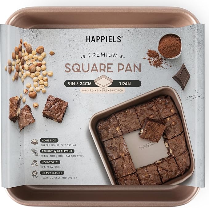 HAPPIELS Nonstick 9x9 Baking Pan | PFOA & BPA Free Non Toxic 9 x 9 Inch Cake & Brownie Pan | Best Nontoxic Square 9x9 inches Pans for Baking | Non Stick Carbon Steel Gold Baking Ware