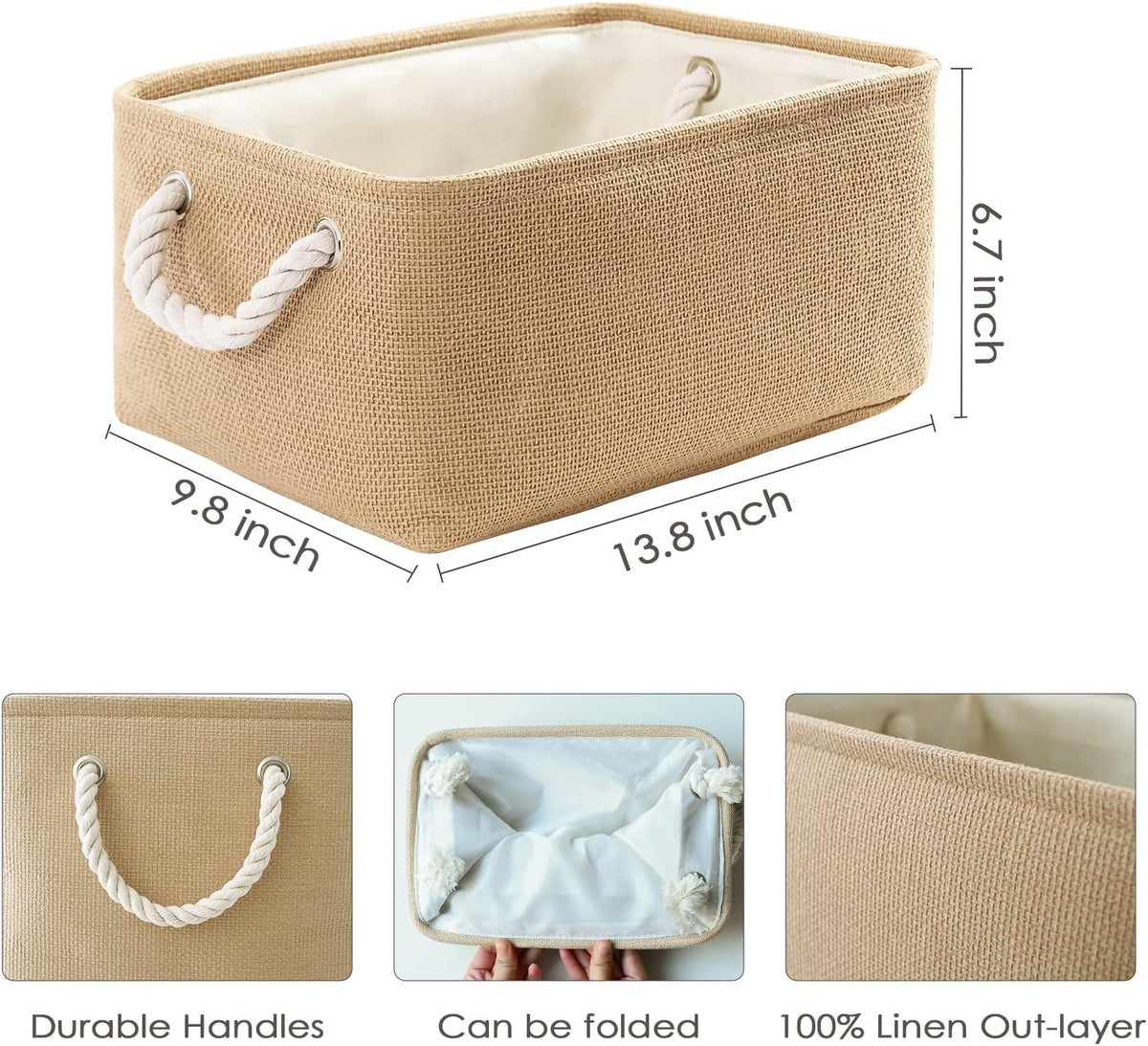 TheWarmHome Storage Bins for Shelves - Medium 3Pack 13.8L*9.8W*6.7H inch Canves Storage Basket for Organizing, Fabric Storage with Handles for Clothes Baby Dog Toys(Beige)