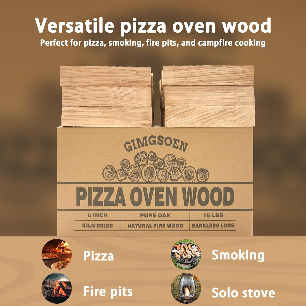 Pizza Oven & Cooking Wood – Mini Kiln-Dried Oak, 6-Inch Logs, 15lb Box – Bark-Free Firewood for Ooni, Gozney, Solo Stove & More – High Heat, Long-Lasting Burn for Grilling, BBQ & Smoking