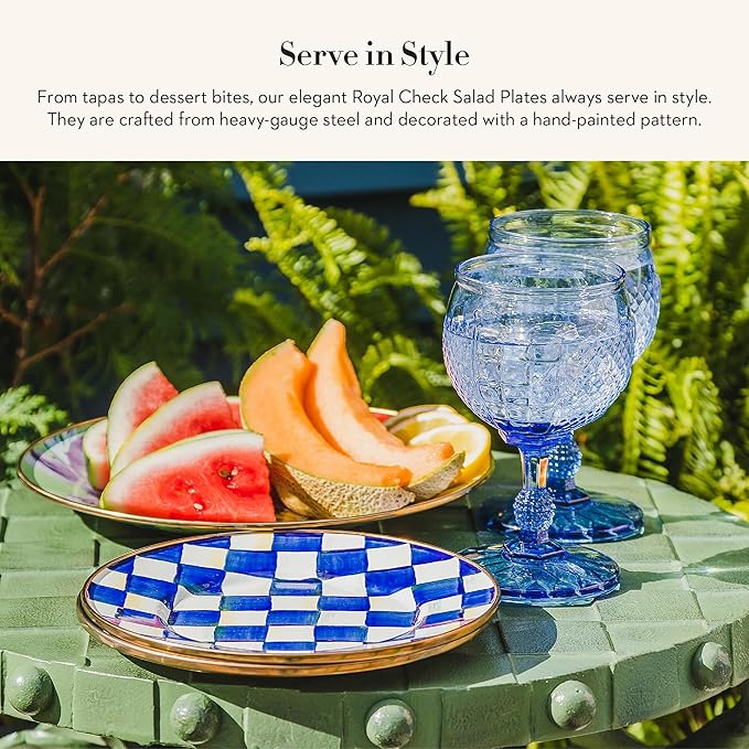 MACKENZIE-CHILDS Enamel Salad and Dessert Plate, Small Plate for a Dessert or Appetizer Dish, 8 Inches, Set of 4, Blue-and-White Royal Check