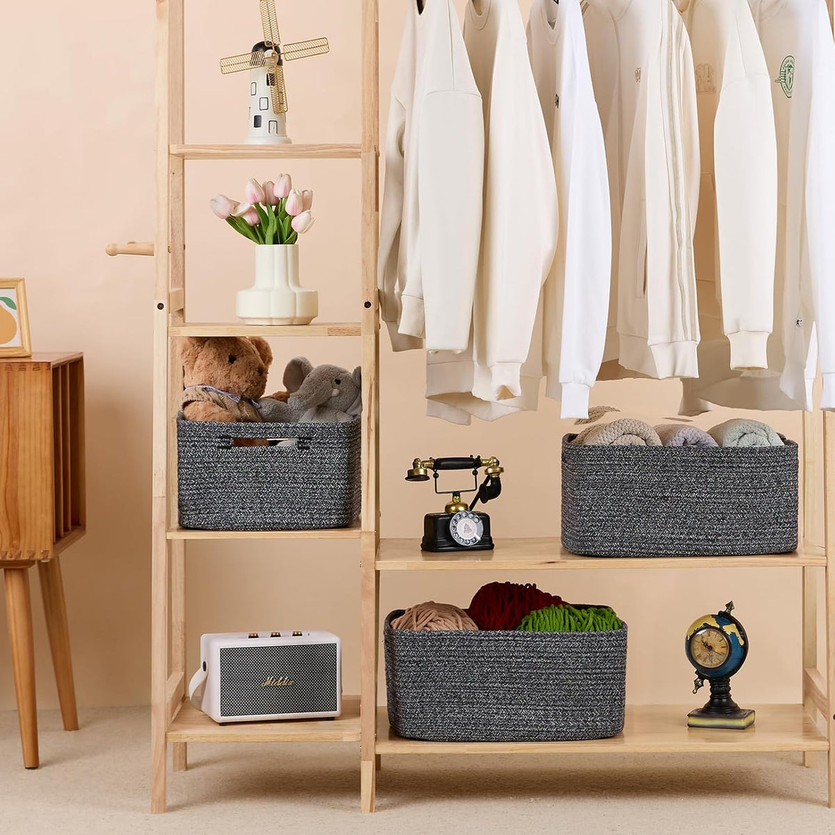 Large Storage Baskets for Shelves, Closet Organizers Bins for Clothes Blanket Towels, Baby Nursery, Toy Baskets Box, Woven Rope Baskets, 17 x 13 x 7.5”, 3 Packs Dark Gray
