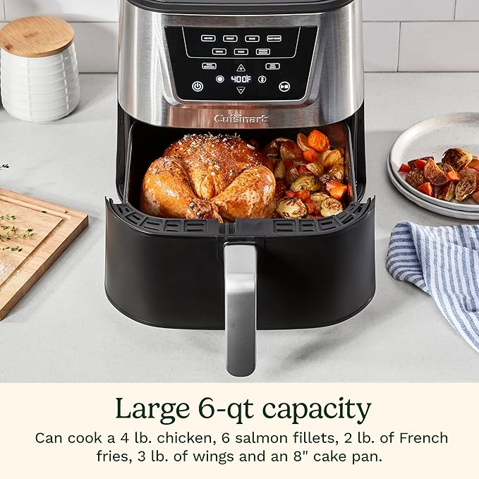 Cuisinart Air Fryer, Large 6-Quart Basket with 4 Cooking Functions to Air Fry, Bake, Roast, and Keep Warm, 3 Presets, PFAS-Free, Dishwasher-Safe Parts, AIR-180, Black & Stainless Steel