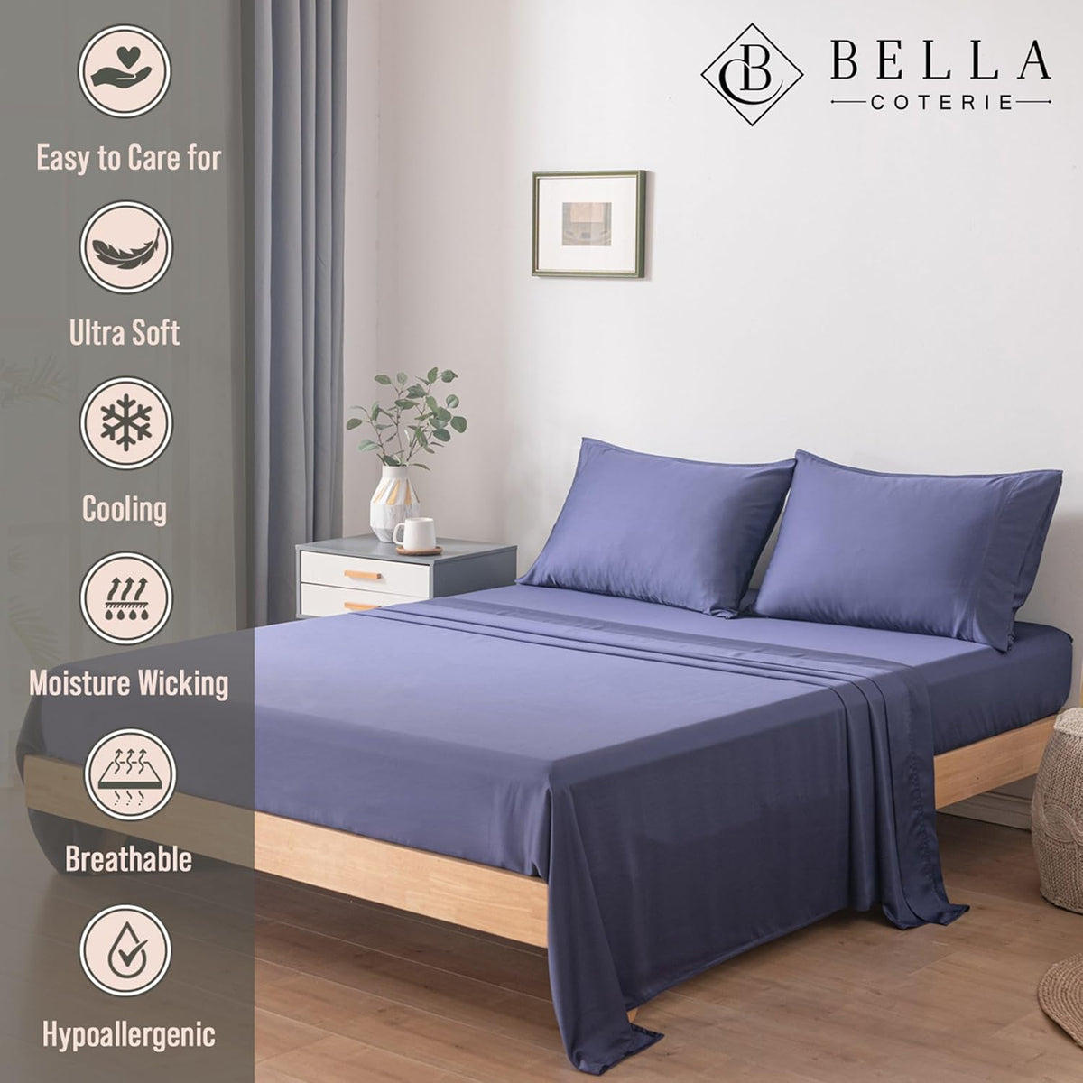 Bella Coterie Luxury Bamboo Viscose King Size Sheet Set | 100% Organically Grown | Ultra Soft | Cooling for Hot Sleepers | 18" Deep Pocket [Twilight Blue]