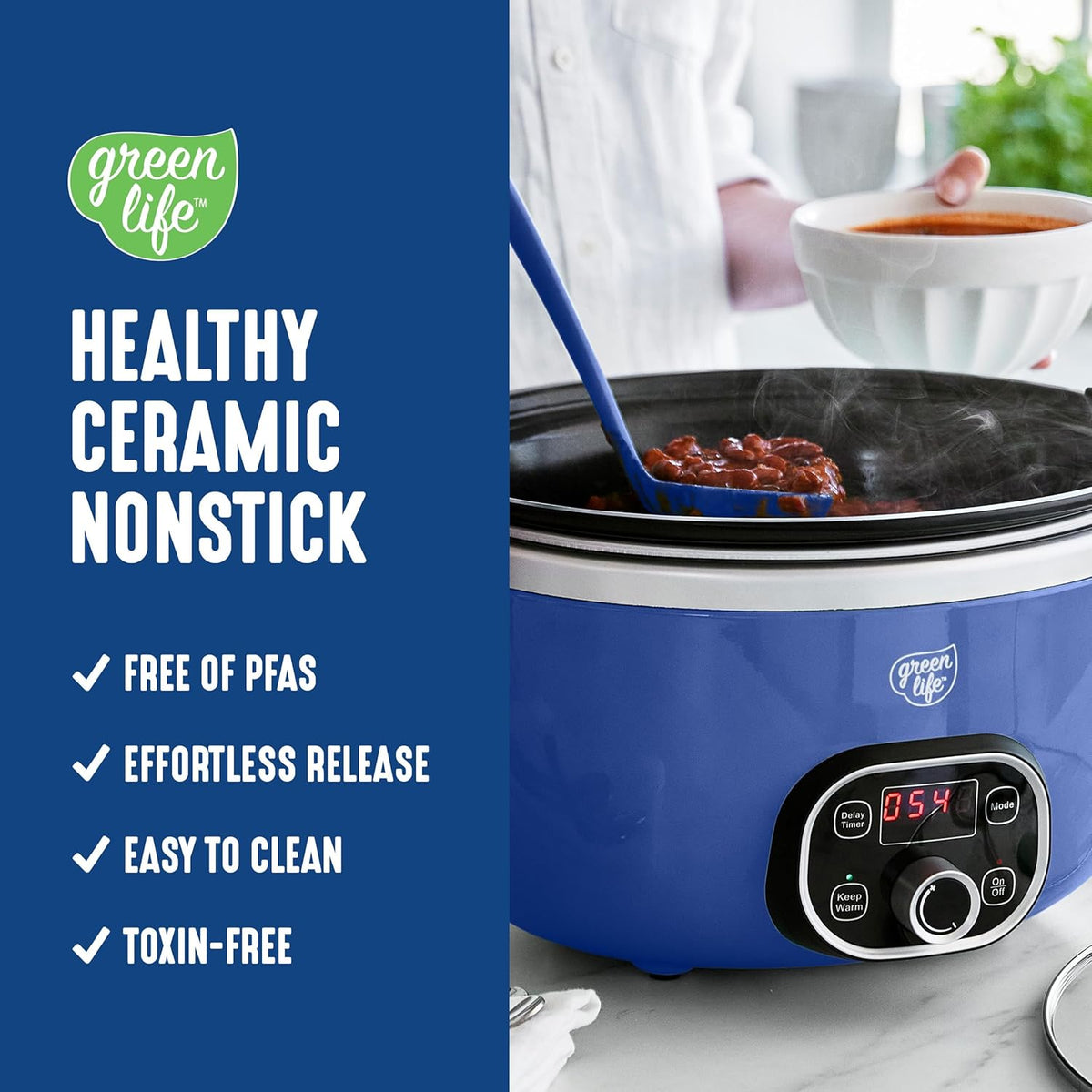 GreenLife 6QT Slow Cooker, Non-Toxic PFAS-Free Ceramic Nonstick Removable Interior Bowl, Programmable, Family Friendly, Keep Warm, Stovetop & Oven Safe, Dishwasher Safe Parts, Timer, Glass Lid, Blue