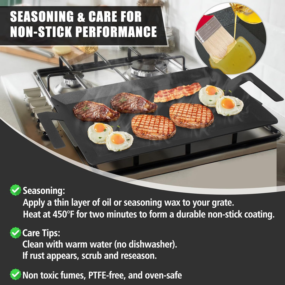 SafBbcue Carbon Steel Griddle Plate for Gas Grill, Carbon Steel Pan for Stove Top, Flat Top Griddle for Outdoor Charcoal Grill, Direct Flame Safe & Induction Compatible, Universal Multi-Use 24" x 10"
