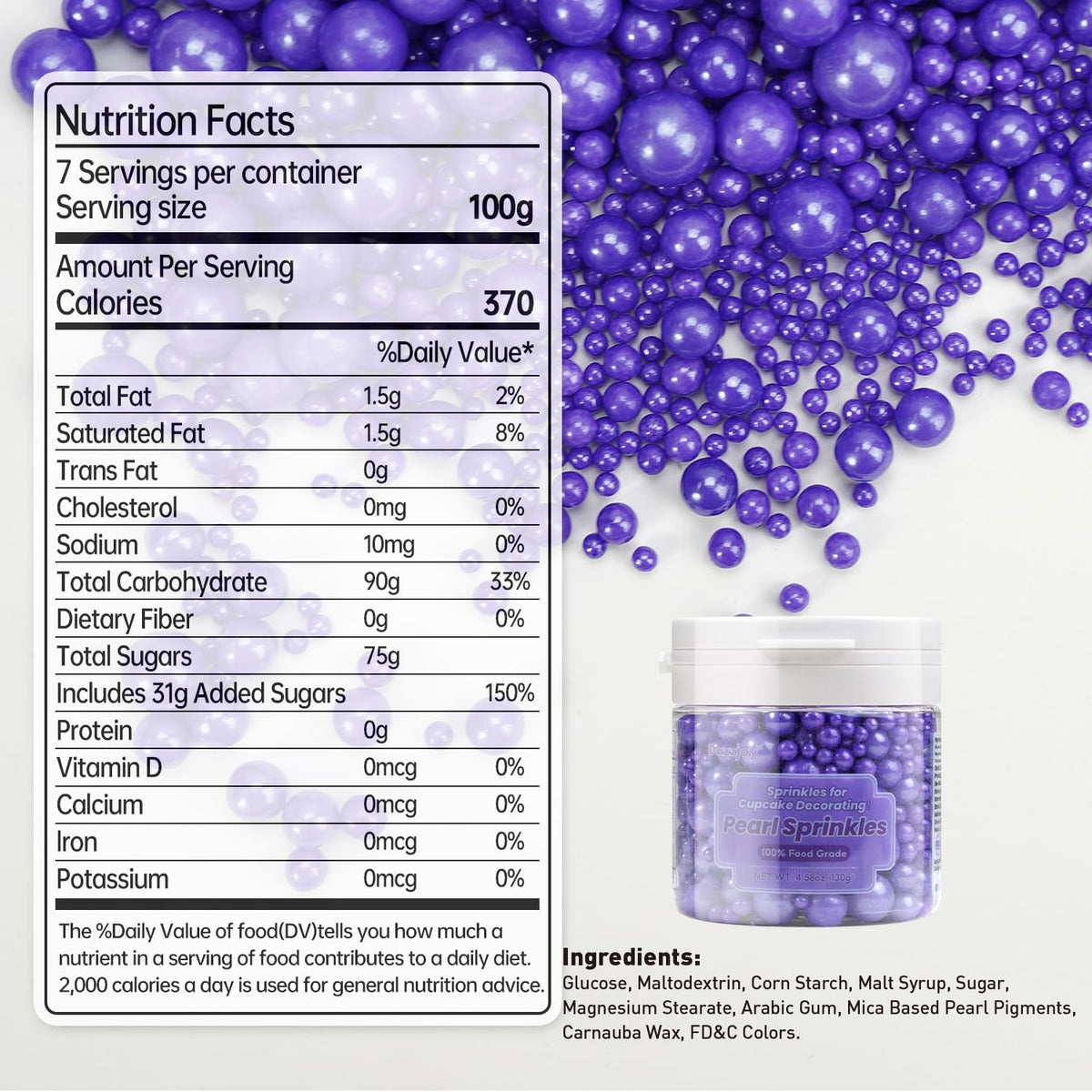 Dazzjoy Edible Pearl Purple Sugar Sprinkles, 130g/4.58oz, Purple Ball Pearls Sprinkles for Cake Decorating, Cupcake Toppers, Edible Cake Decoration