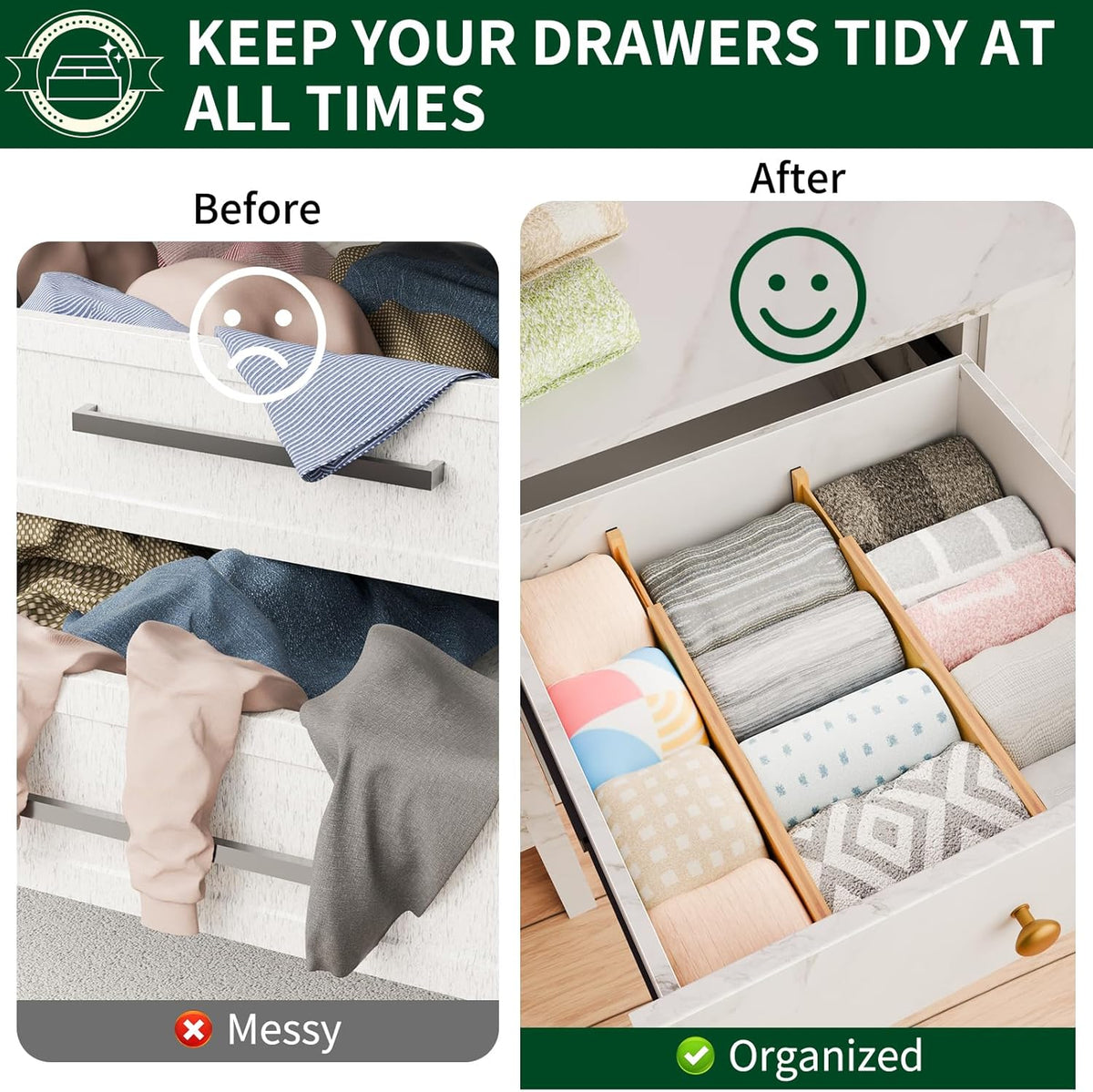 4 Pack Bamboo Drawer Dividers 2.6" High,17-22" Adjustable Spring Loaded Drawer Organizers for Kitchen, Dresser, Bathroom, Bedroom and Office