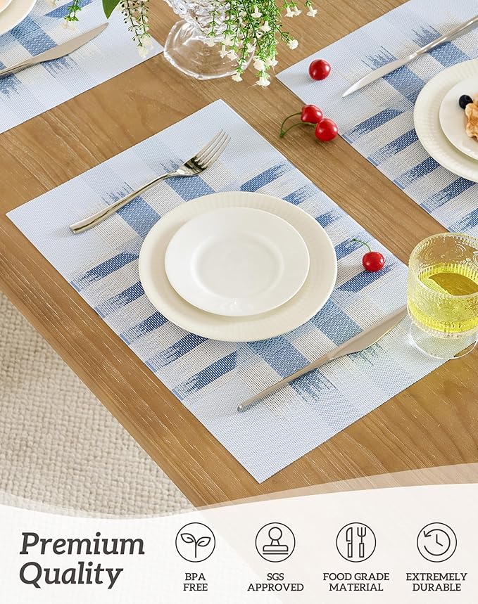 Leetaltree Geometric Print Blue Placemats Set of 4 - Heat Resistant Non-Slip Place mats for Dining Table, Washable Durable PVC Vinyl Woven Table Mats (Geometric Blue, 4)