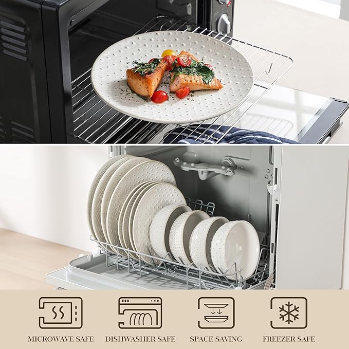 MALACASA 12 Pieces Dinnerware Sets, Modern Relief Design Plates and Bowls Sets, White Dish Set for 4, Kitchen Ceramic Dinner Plates Dishware Set, Microwave and Dishwasher Safe, Series LYDIA