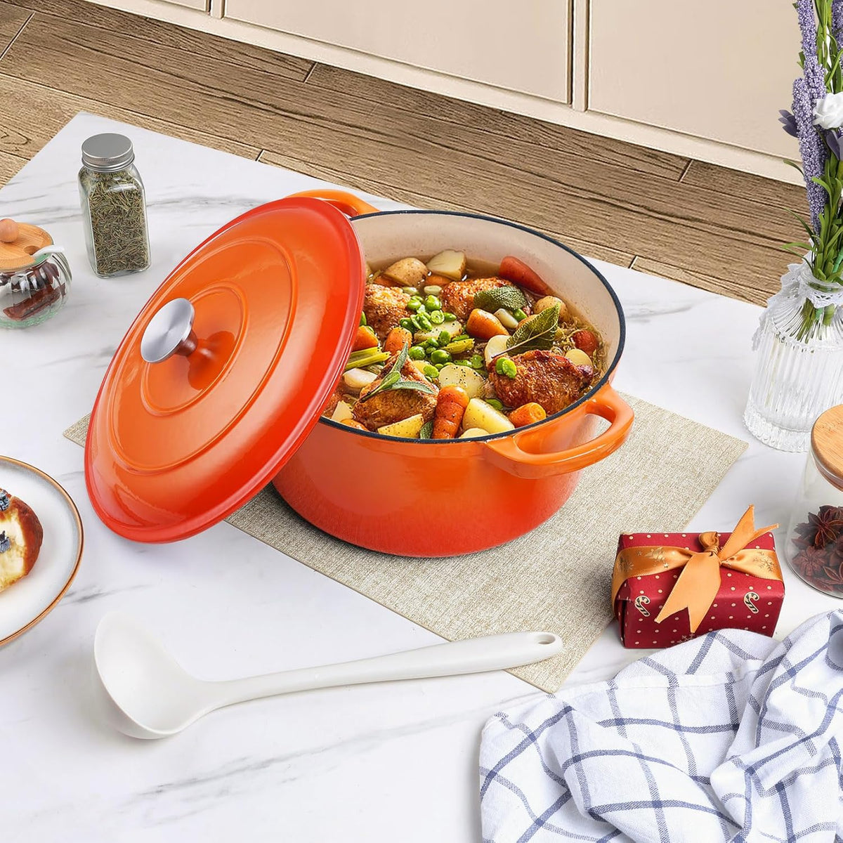 P&P CHEF 6QT Enameled Dutch Oven, Cast Iron Dutch Oven Pot with Lid for Bread Baking, Enameled Casserole Pot for Roasting Braising Stewing Frying Simmering, Various Stoves & Easy Clean, Orange