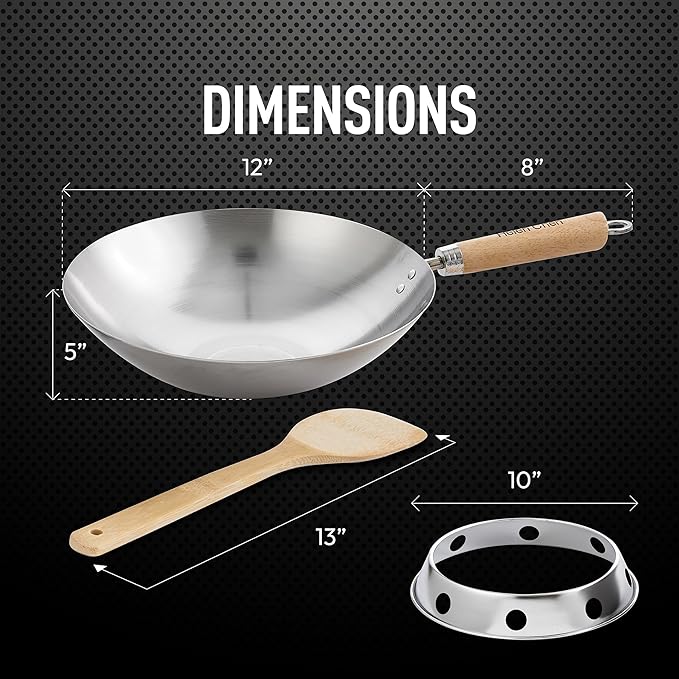 Helen's Asian Kitchen Round Bottom Wok Set, Carbon Steel and Bamboo, 12-Inches, 4-Piece Set