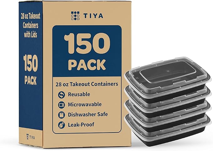 TIYA Food Containers - 28 oz Bulk 150 Pack with Lids - Rectangular Plastic To-Go Containers - Reusable, Microwavable, Dishwasher Safe - Leak-Proof for Meal Prep - BPA-Free