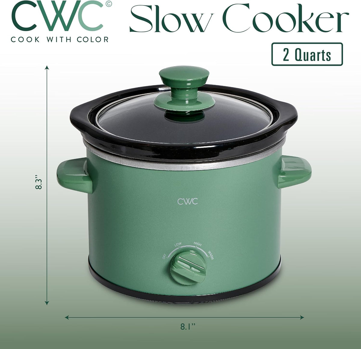 COOK WITH COLOR 2QT Mini Electric Round Slow Cooker - Adjustable Settings, Removable Stoneware Pot, Tempered Glass Lid, Dishwasher Safe, Cool-Touch Side Handles, Dark Sage
