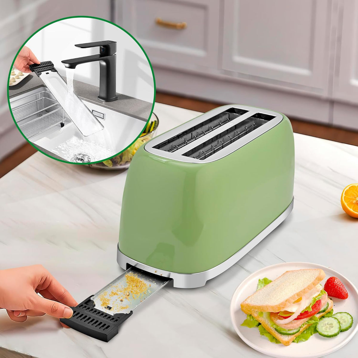 SUSTEAS Toaster 4 Slice Wide Slot, Stainless Steel Bread Bagel Toasters, Retro Long Slot Tostadora for Defrost, Reheat, Removable Crumb Tray, 1500W, 6 Browning Settings, Retro Green