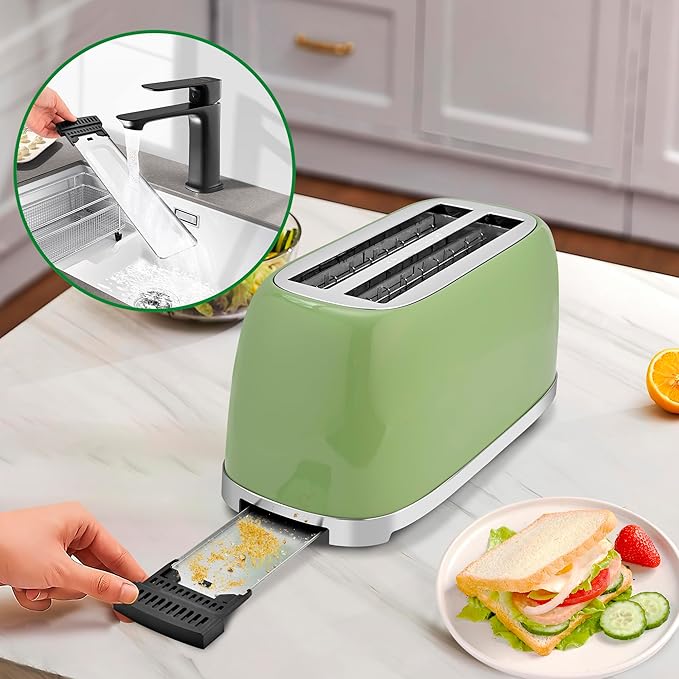 SUSTEAS Toaster 4 Slice Wide Slot, Stainless Steel Bread Bagel Toasters, Retro Long Slot Tostadora for Defrost, Reheat, Removable Crumb Tray, 1500W, 6 Browning Settings, Green