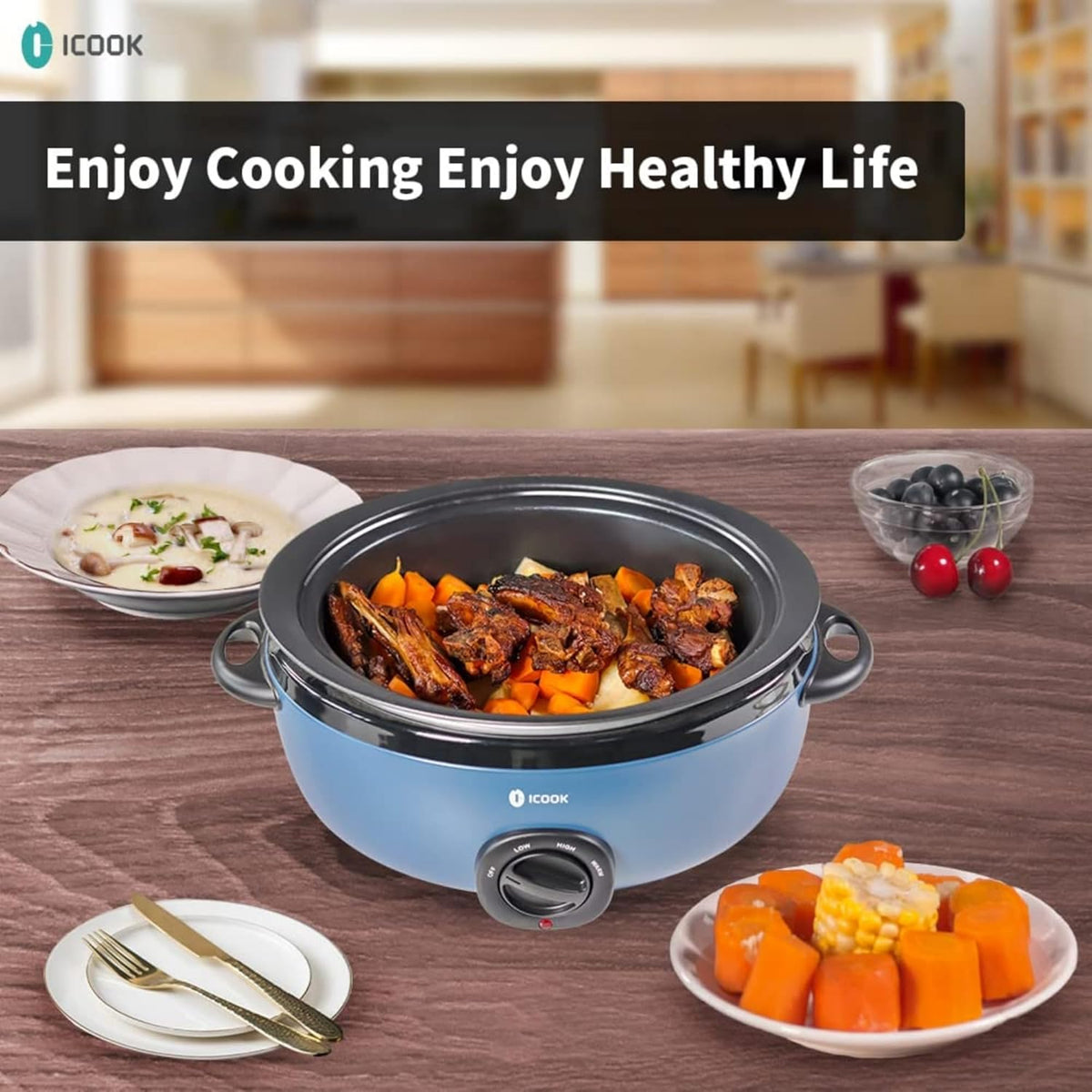 ICOOK 6.5 Quart Slow Cooker, Simmer Pot with Transparent Glass Cover, Cooks Entrees, Adjustable Temp, Sauces, Soups, Roasts, Stews and Dips (Bule)