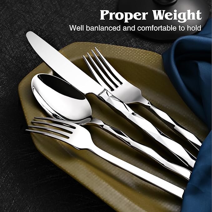 KINGSTONE Silverware Set, Luxury 30 Piece Flatware Set for 6, 18/10 Stainless Steel Cutlery Set with Diamond Cut Pattern for Kitchen, Home, Wedding, Party, Mirror Polished and Dishwasher Safe