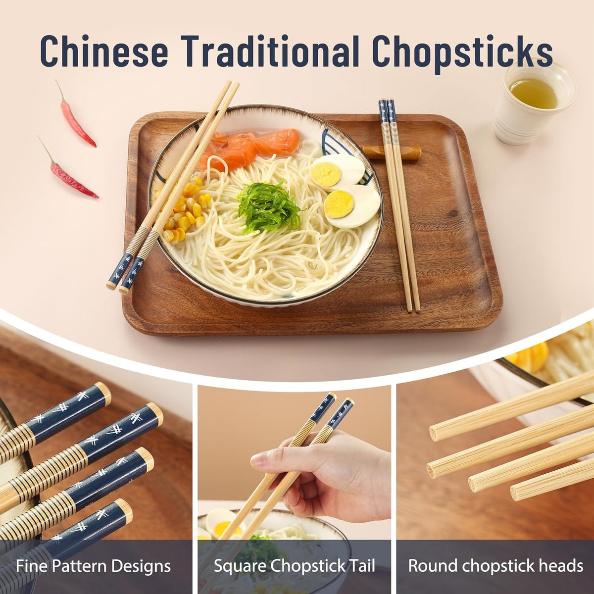 100 Pairs Bamboo Chopsticks Reusable | Dishwasher Safe | Durable | Separated | Bulk | Non slip | - （9.45in）