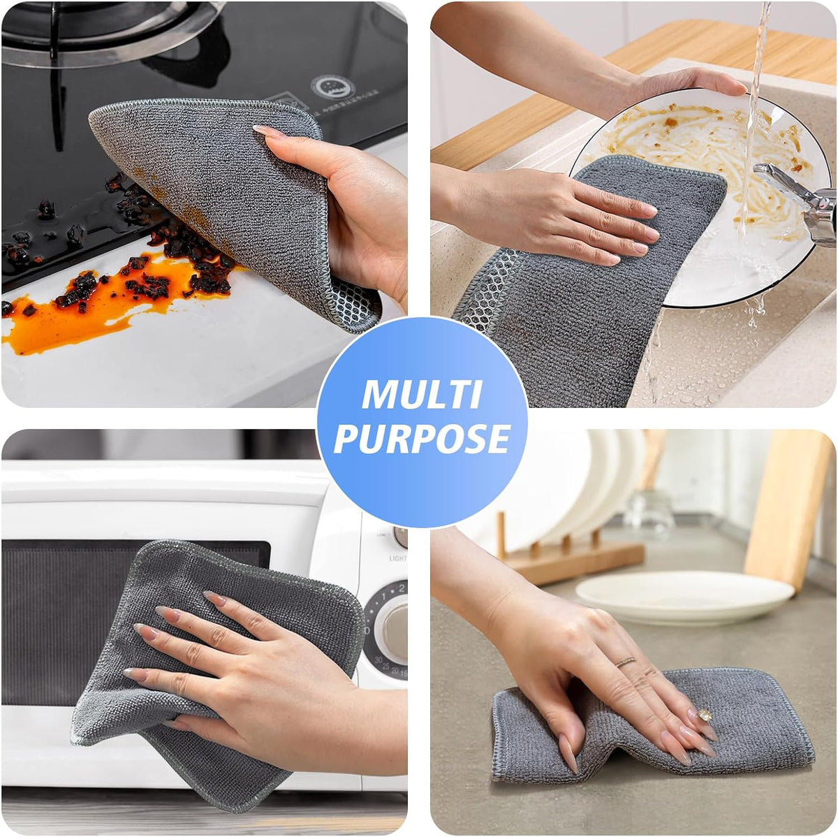 KinHwa Kitchen Washcloths for Dishes Absorbent Microfiber Dish Cloths Quick Dry Dish Rags with Poly Scour Scrub Side Ideal for Kitchen Cleaning (Gray, 7inchx7inch 12 Pack)