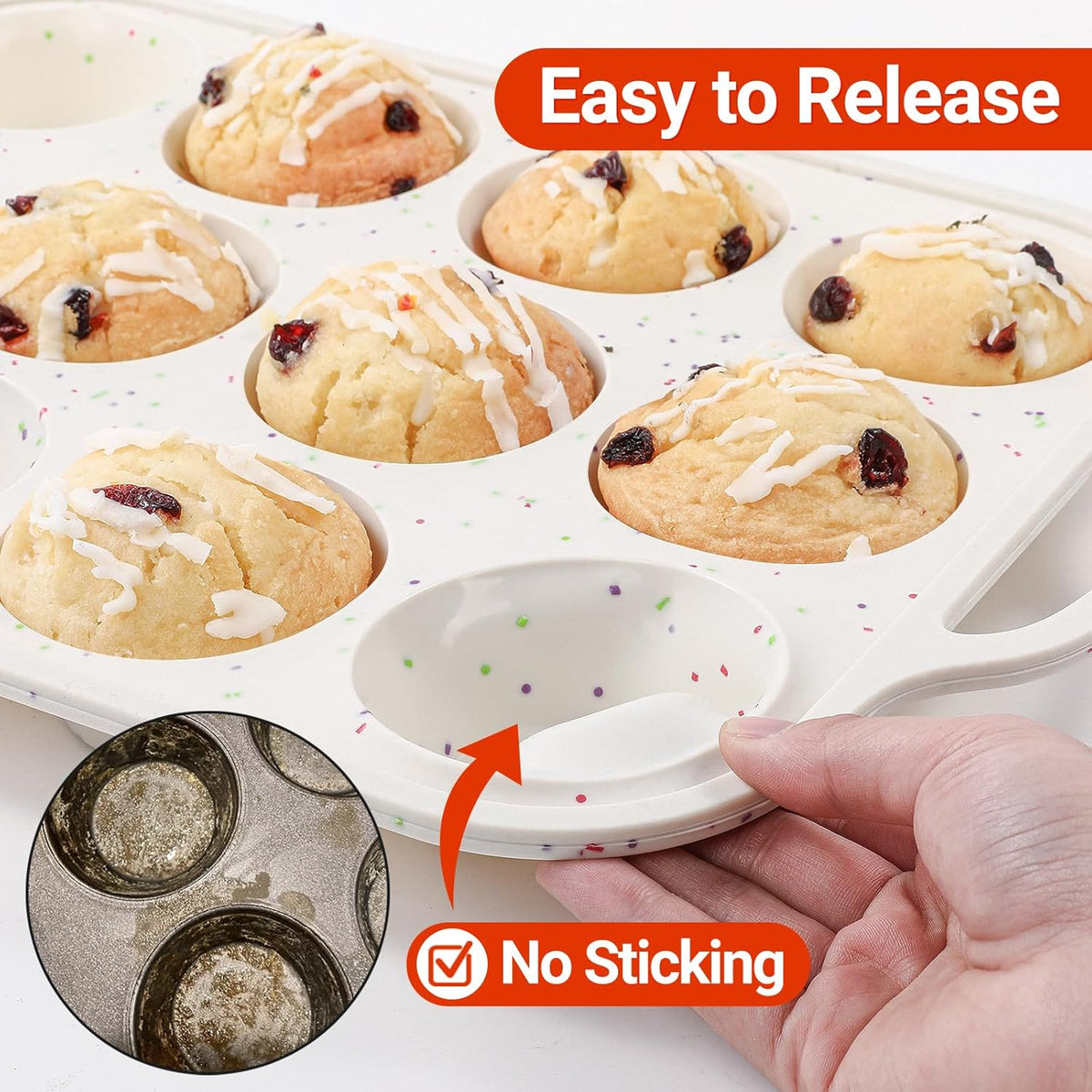 FUNBAKY Silicone Cupcake Pan, Metal Reinforcement Regular Size 12 Cups & Mini 24 Cups Nonstick Easy to Demold Baking Mold for Making Homemade Muffins