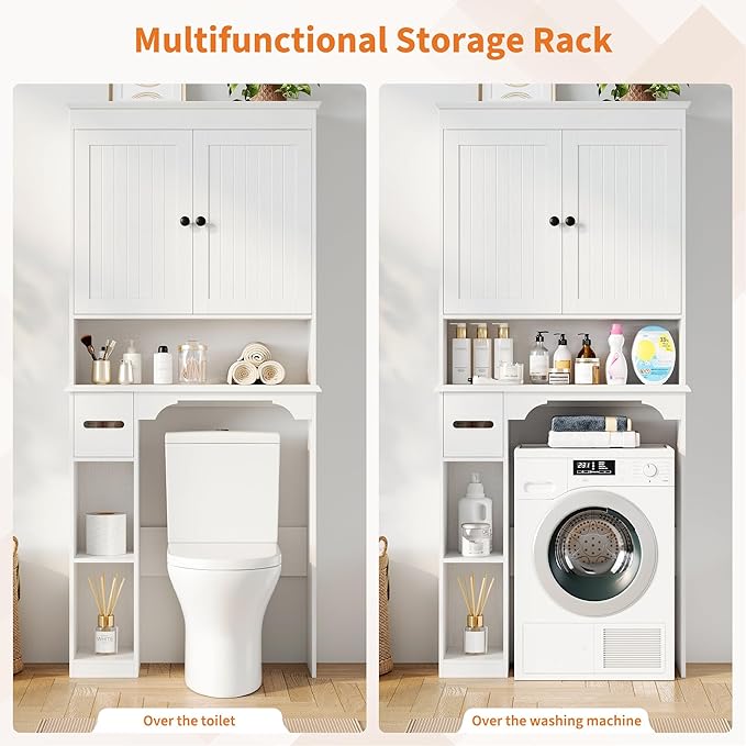 IDEALHOUSE 23.6 Inches Wide Toilet Rack with Over The Toilet Storage Cabinet, Bathroom Shelf Organizer with Anti-Tip Device, Small Freestanding Space Saver with Adjustable Shelf (White 30" W)