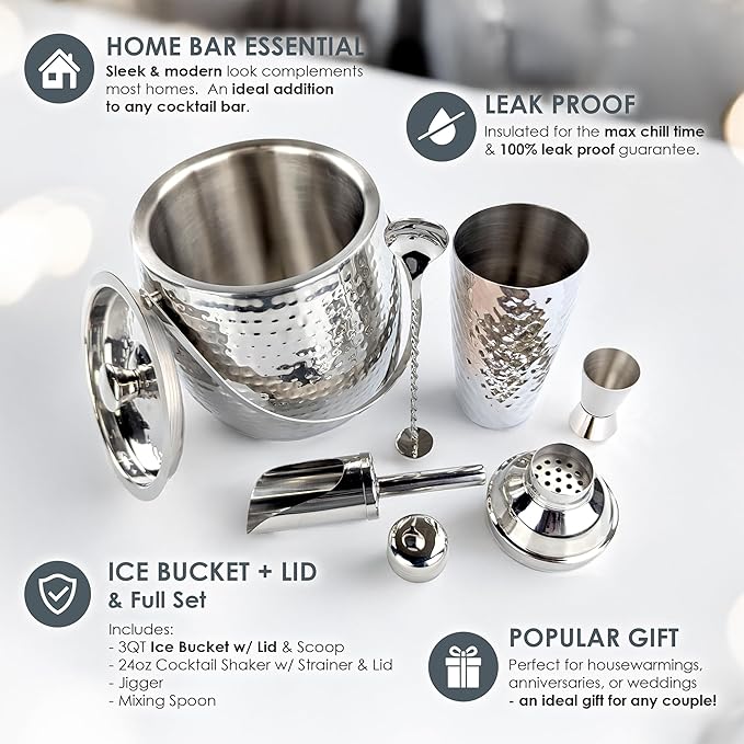 BREKX Insulated Ice Bucket for Cocktail Bar with Drink Shaker 5-Piece Cocktail Set for Parties with Lid and Scoop - Bartender Accessories, Bartending Kit for Home Bar or Gifting