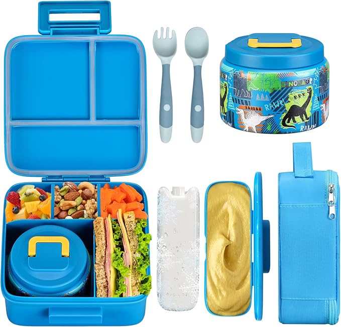 Bento Lunch Box for Kids With 8oz Soup thermo,Leak-proof Lunch Containers with 5 Compartment,thermo Food Jar and Lunch Bag, Food Containers for School (A-Blue(Dinosaur))
