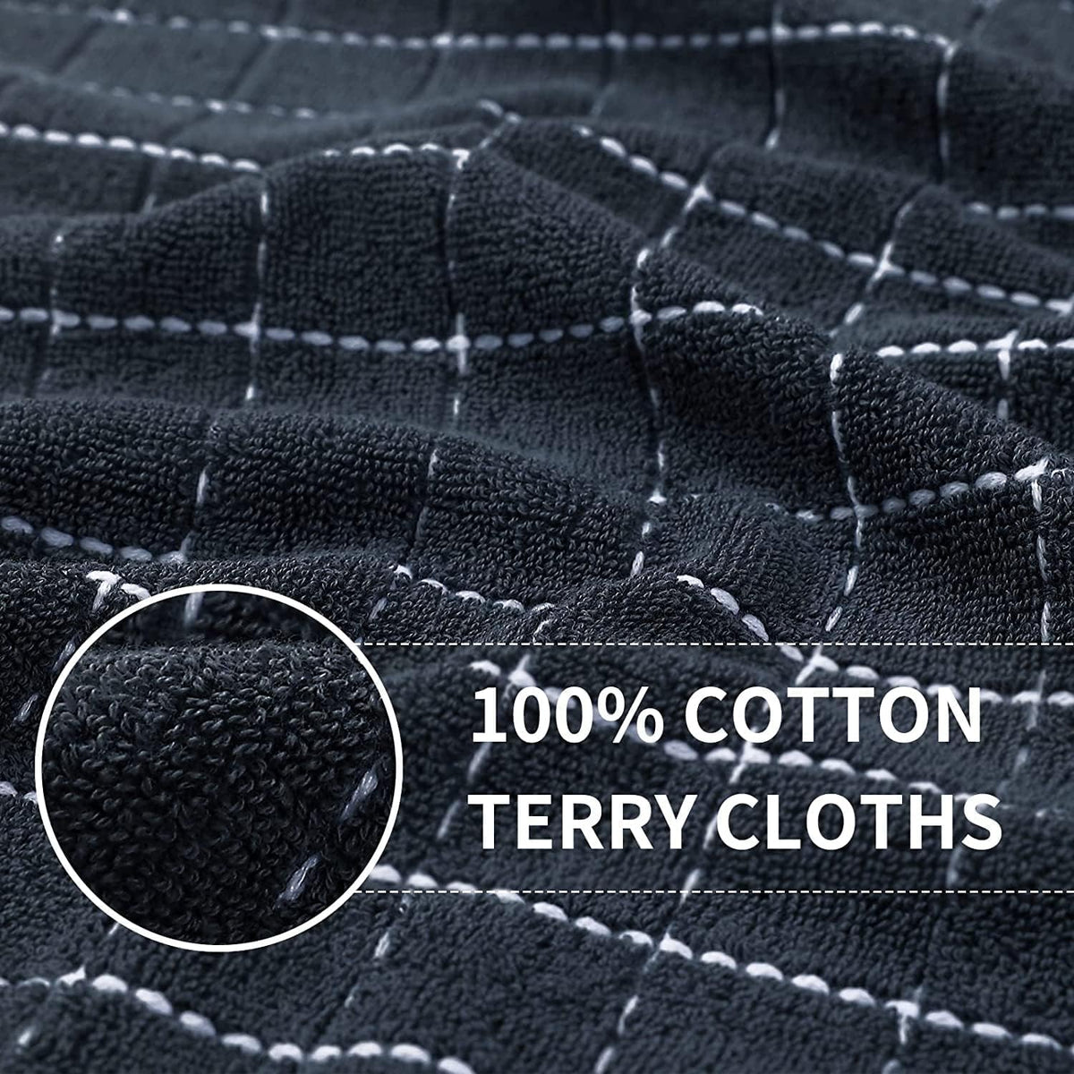 Homaxy 100% Cotton Terry Kitchen Towels(Dark Grey, 13 x 28 inches), Checkered Designed, Soft and Super Absorbent Dish Towels, 12 Pack