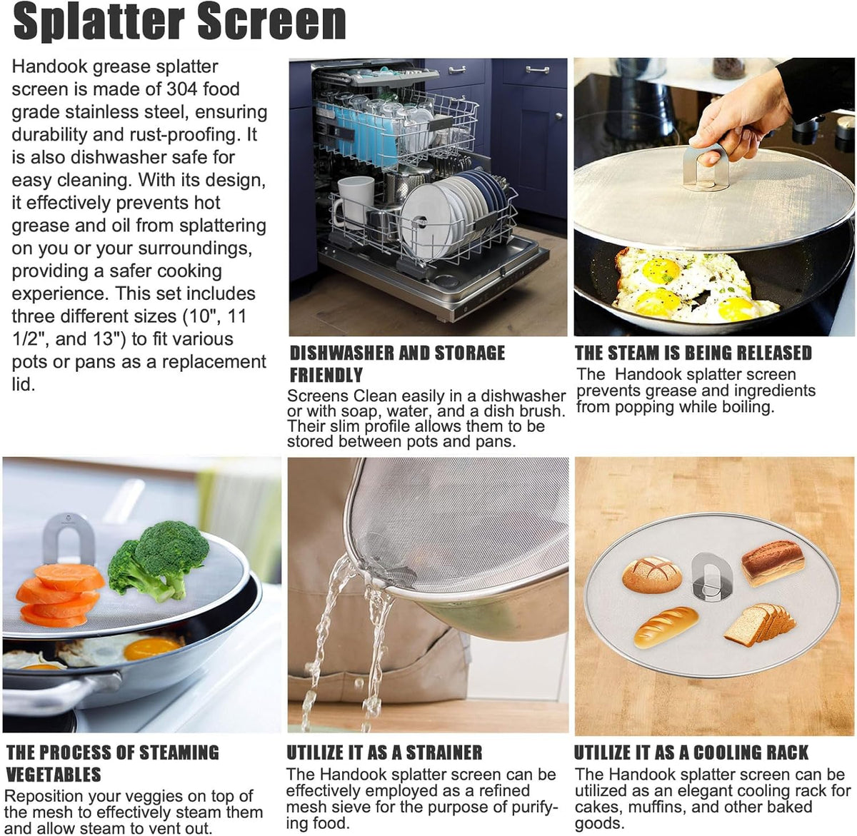 Splatter Screen for Cooking - Stainless Steel Grease Splatter Guard for Frying Pan, No Cooking Oil Mess No Burns, Ultra Fine Mesh Lids Set of 3(10", 11.5", 13")