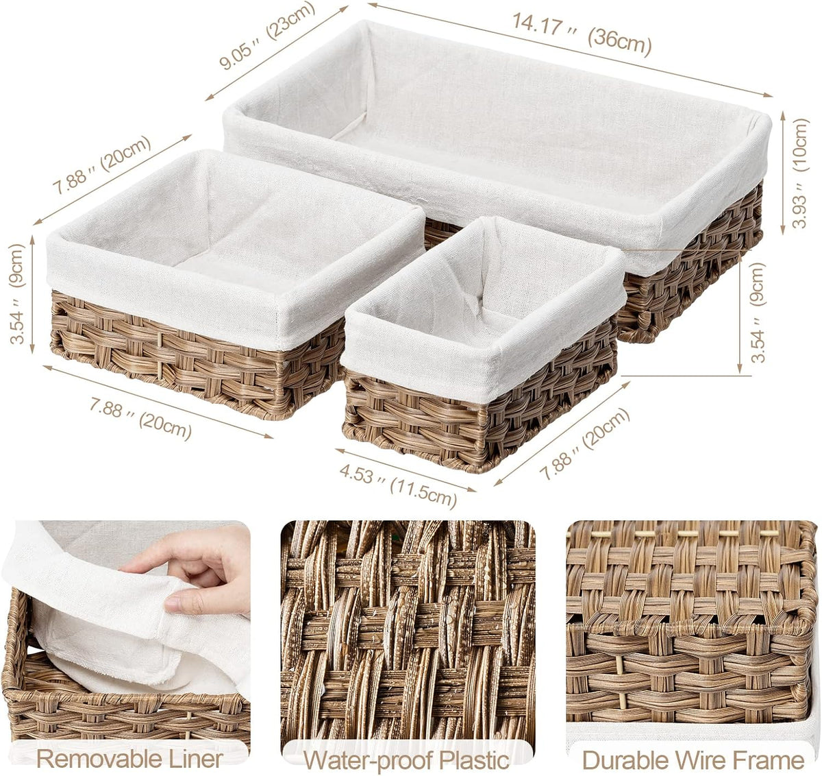 FairyHaus Wicker Baskets for Organizing, Waterproof Rectangle Small Storage Basket for Shelves, Nesting Lined Set of 3, Rustic Brown