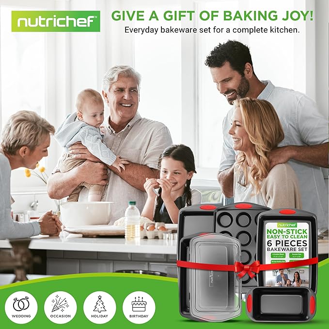 NutriChef 6-Piece Baking Pan Set - PFOA, PFOS, PTFE Free Flexible Nonstick Black Coating Carbon Steel Bakeware - Professional Home Kitchen Bake Cookie Sheet Stackable Tray w/Red Silicone Handles