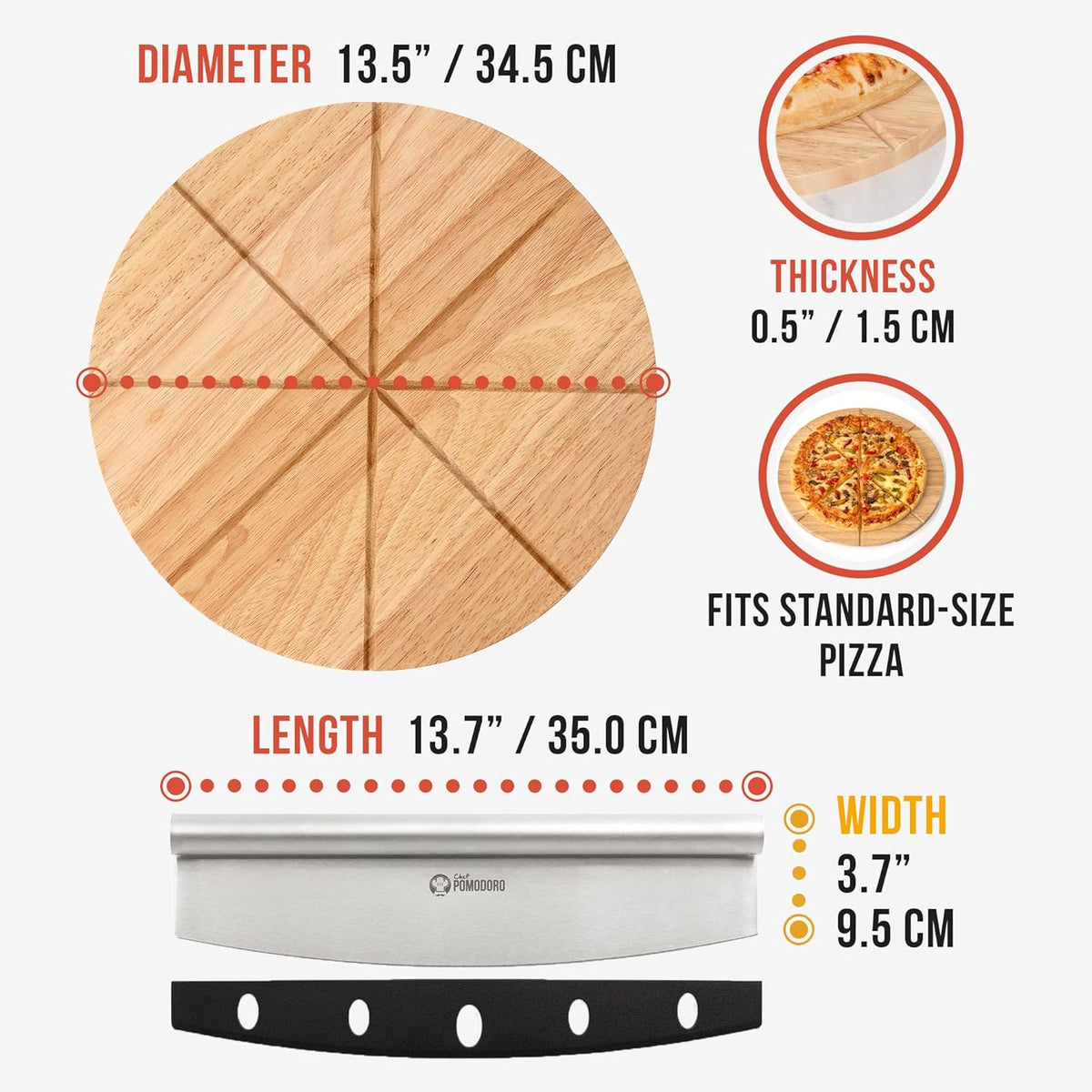 Chef Pomodoro 14" Pizza Cutter Rocker Blade and Pizza Cutting Board Set – Premium Stainless Steel Pizza Slicer with Wooden Pizza Serving Board – Pizza Wooden Board with Pizza Cutting Guide