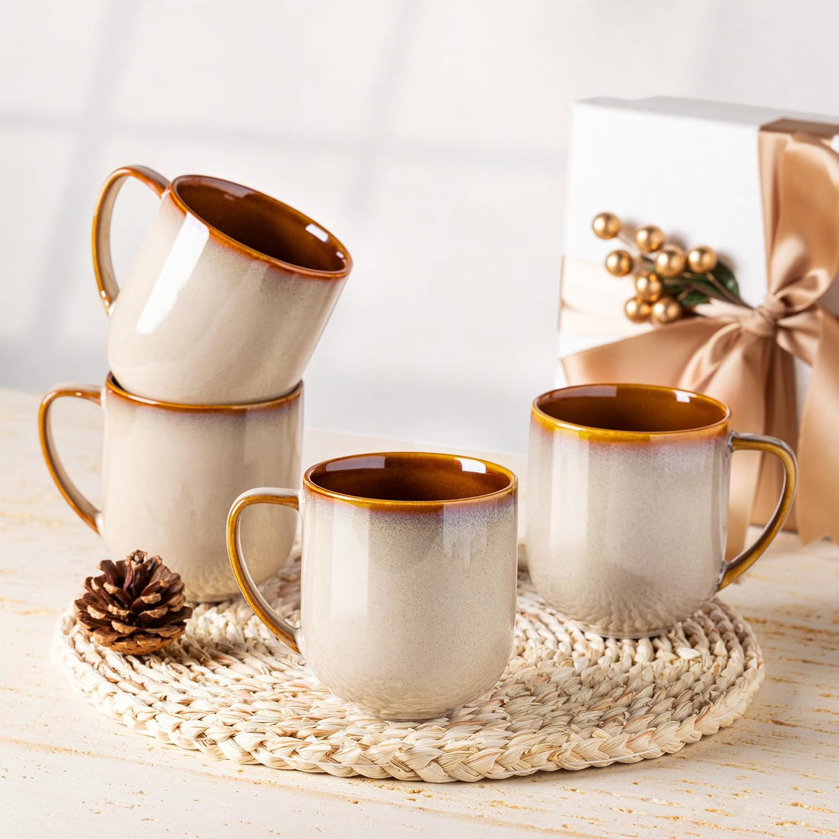 LERATIO 12OZ Ceramic Coffee Mugs Set of 6, Large Porcelain Coffee Cups With Large Handle For Latte,Cappuccino,Milk,Cocoa,|Dishwasher&Microwave Safe Mug Sets,Ideal for Man,Woman,Dad, Mom-Kahki