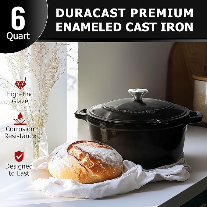 MUELLER HOME 6 Quart Enameled Cast Iron Pot Dutch Oven, Heavy-Duty Oven-Safe up to 500° F, & Across All Cooktops, Casserole Dishes for Ovens, Bread Pan with Lid and Knob, Cast Iron Cookware, Black