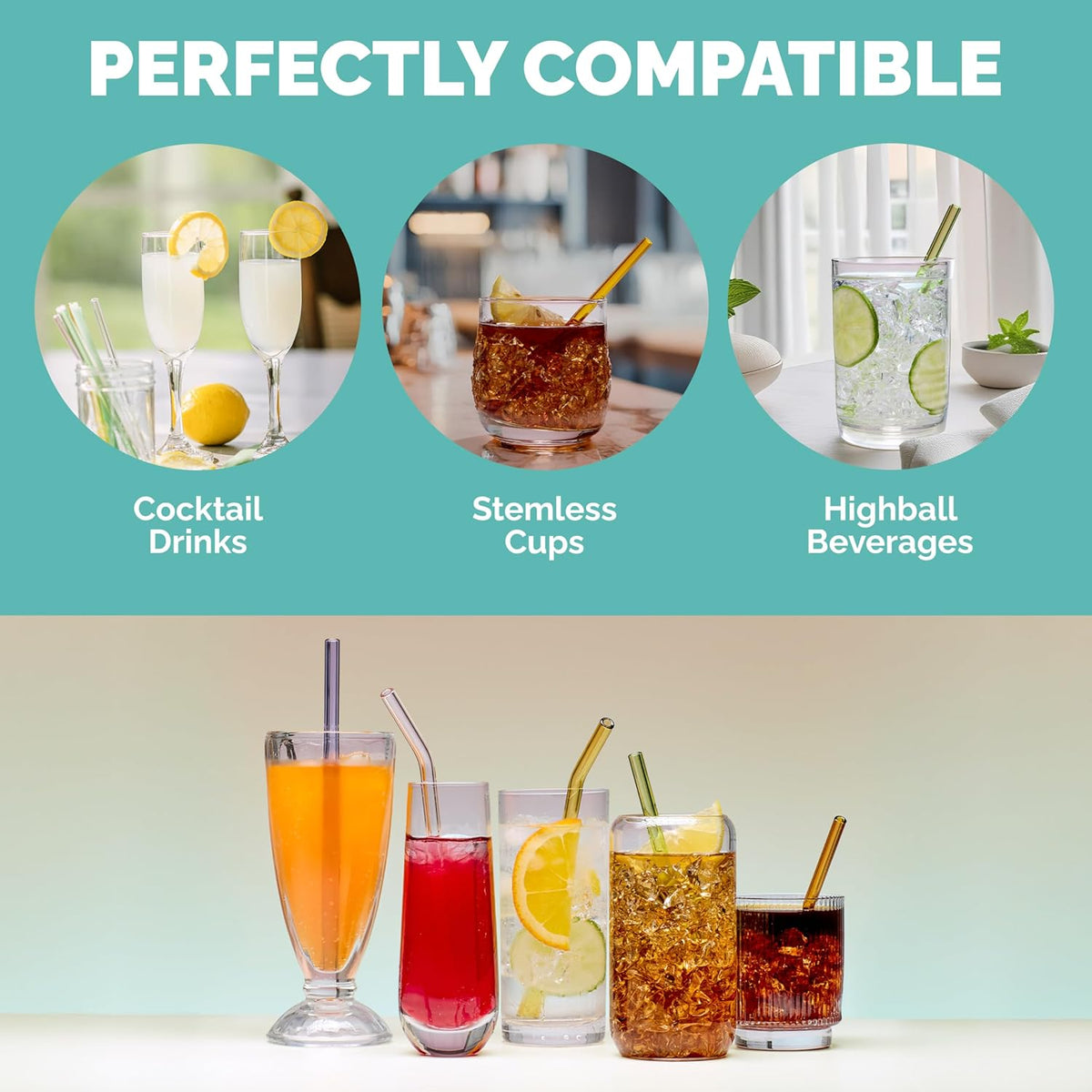 Simply Straws 6 Inch Skinny Glass Straws (6-Pack) - Reusable Cocktail Straws for Mixed Drinks, Low Balls, Coffee & Tea, with Cleaning Brush – Dishwasher Safe, Hot & Cold Use, BPA-Free (Palm)