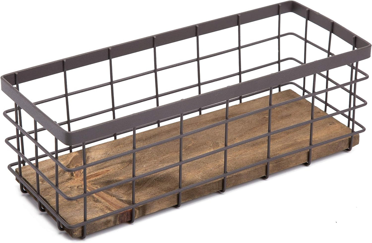 TIEYIPIN Small Metal Wire Storage Basket, Detachable Wood Base Storage Organizer Bin Basket for Kitchen Cabinets, Bathroom, Pantry, Garage, Laundry Room - Brown