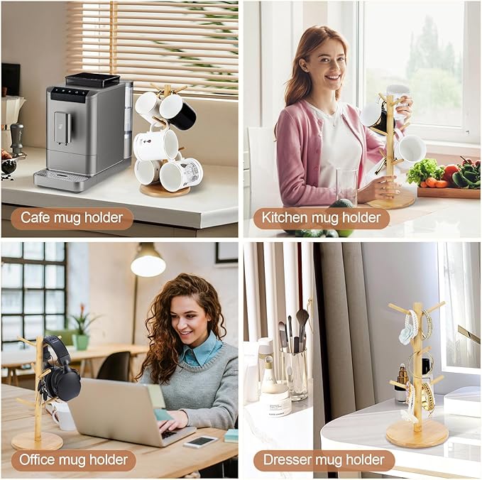Bamboo Mug Tree Holder, Upgraded Screw Type 6 Hooks Coffee Mug Holders, Decorative Mug Racks for Counter, Non-Slip Coffee Mug Cup Trees
