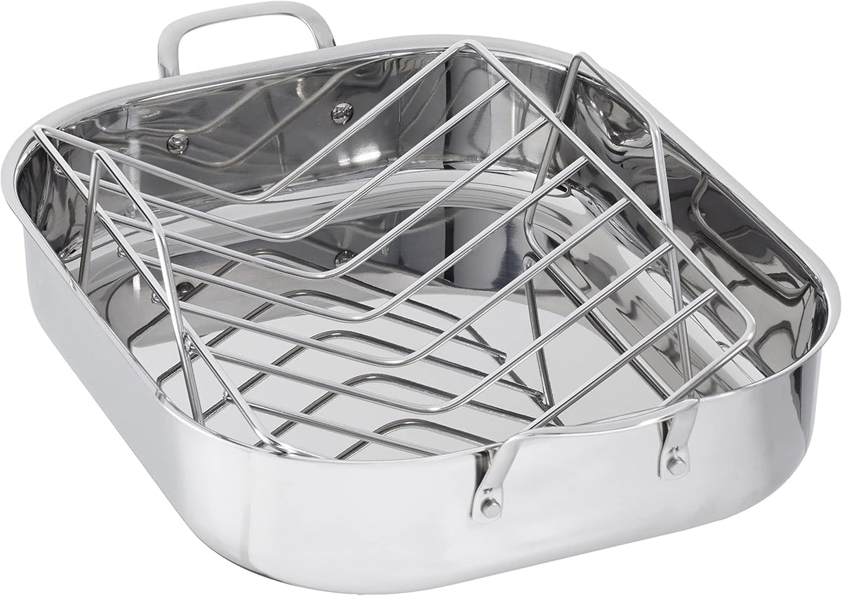 Amazon Basics Stainless Steel Rectangular Roasting Pan with Rack, 16 in