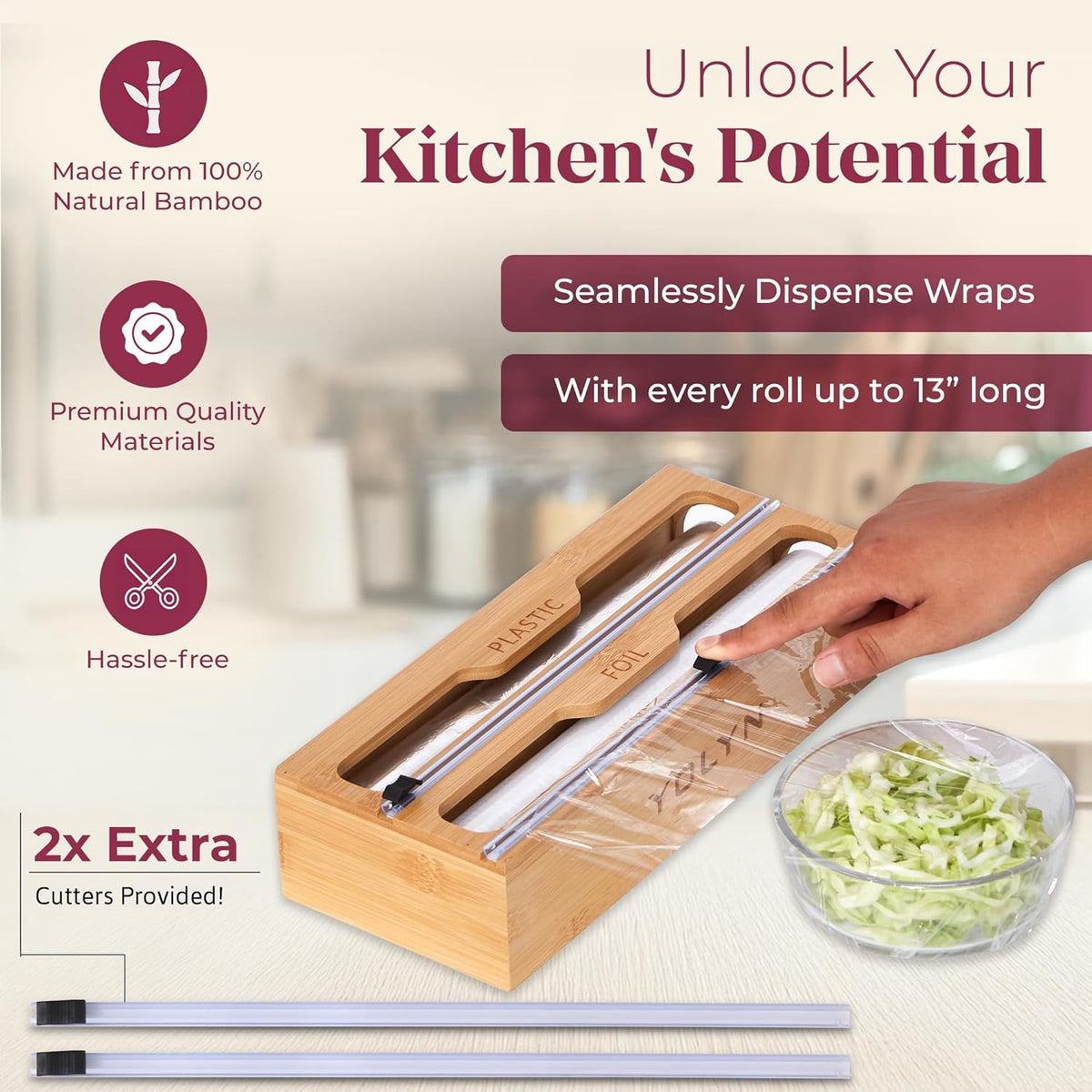 Bamboo Kitchen Storage Bag Organizer, Drawer Organizer with Foil Dispenser, Bamboo Organizer for Sandwich Bags, Plastic Wrap, Baggie and Foil, Premium Kitchen Drawer Organizer