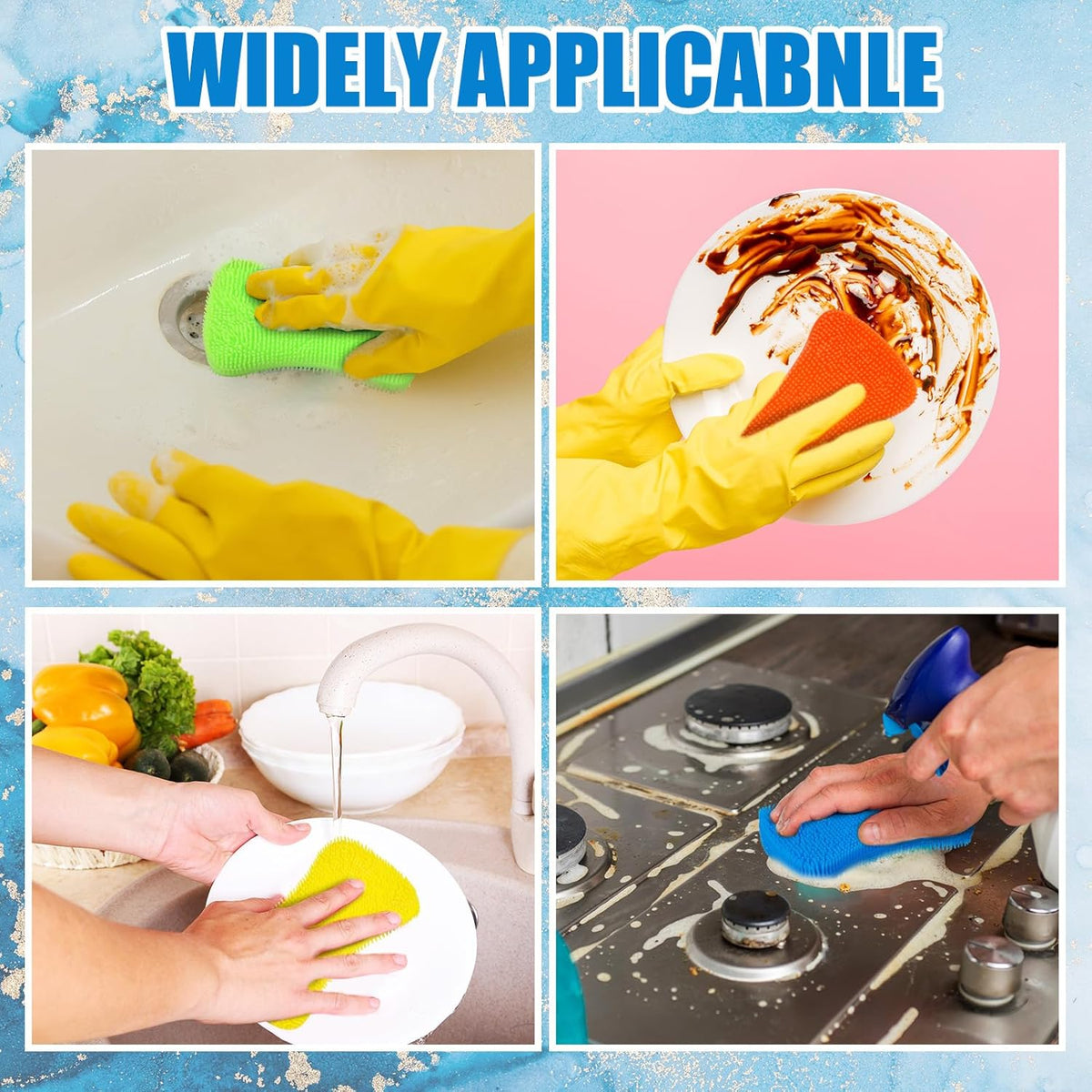 Patelai 10 Pieces Silicone Dish Sponge Silicone Scrubber Reusable Kitchen Scrubbing Cleaning Sponge Soft Dish Scrubber for Fruit Vegetable (Hanging Brush)