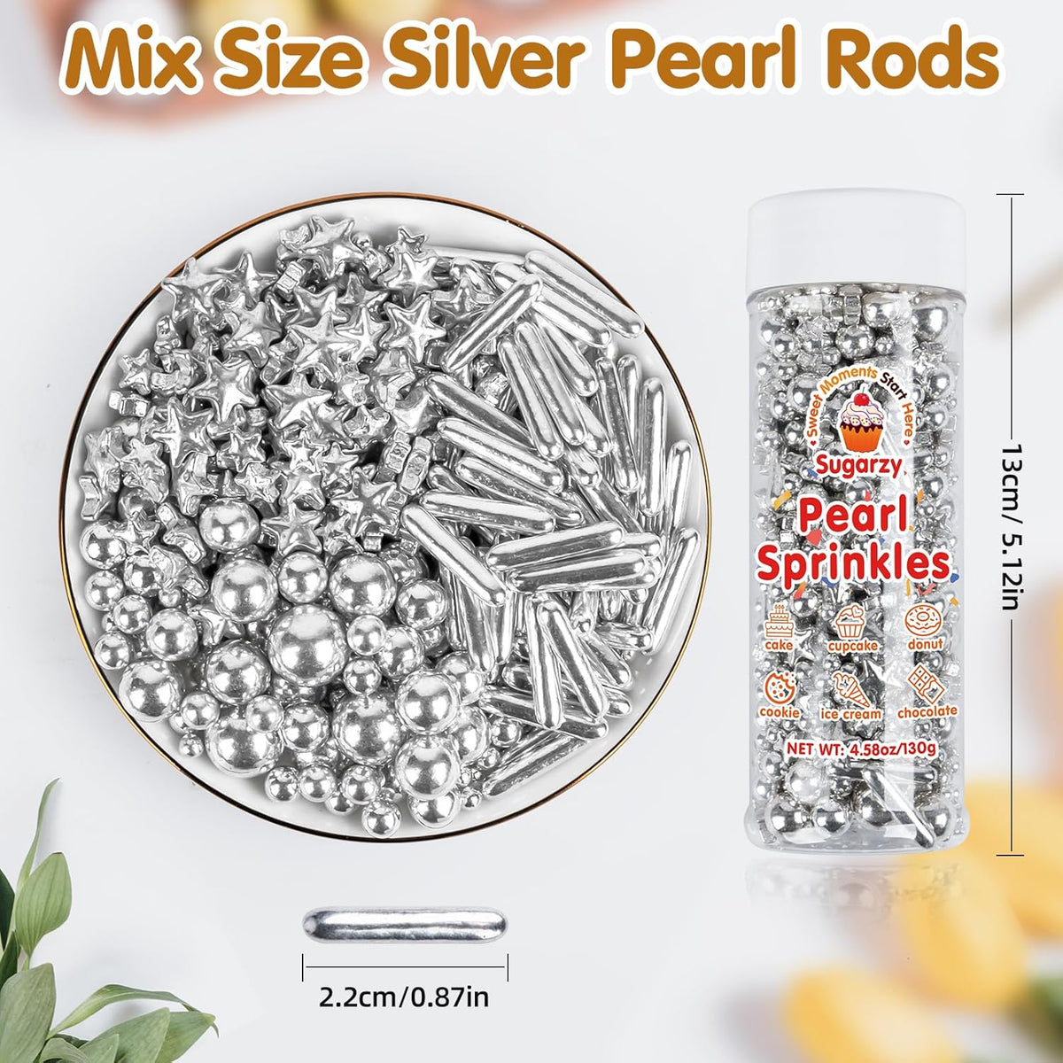 Silver Pearl Sugar Sprinkles,Edible Stars Rods Candy,Mix Size 130g/4.58oz,Baking Cake Decorations,Cupcake Toppers,Cookie Decorating Donuts Ice Cream,Birthday Wedding Party Valentines Christmas Supplies