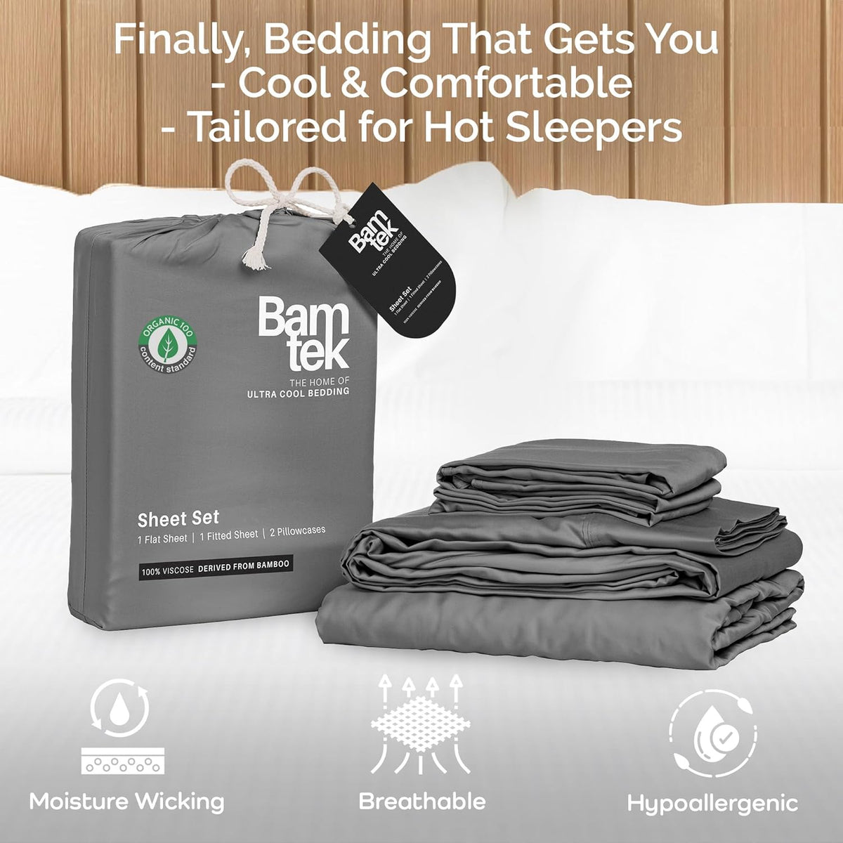 100% Viscose from Bamboo Sheets King Size, Super Soft Bedding Set, 4PC Cooling Sheets for Hot Sleepers, Vegan Silk Moisture Wicking, Organically Grown Bedsheet, Steel - 76" x 80"