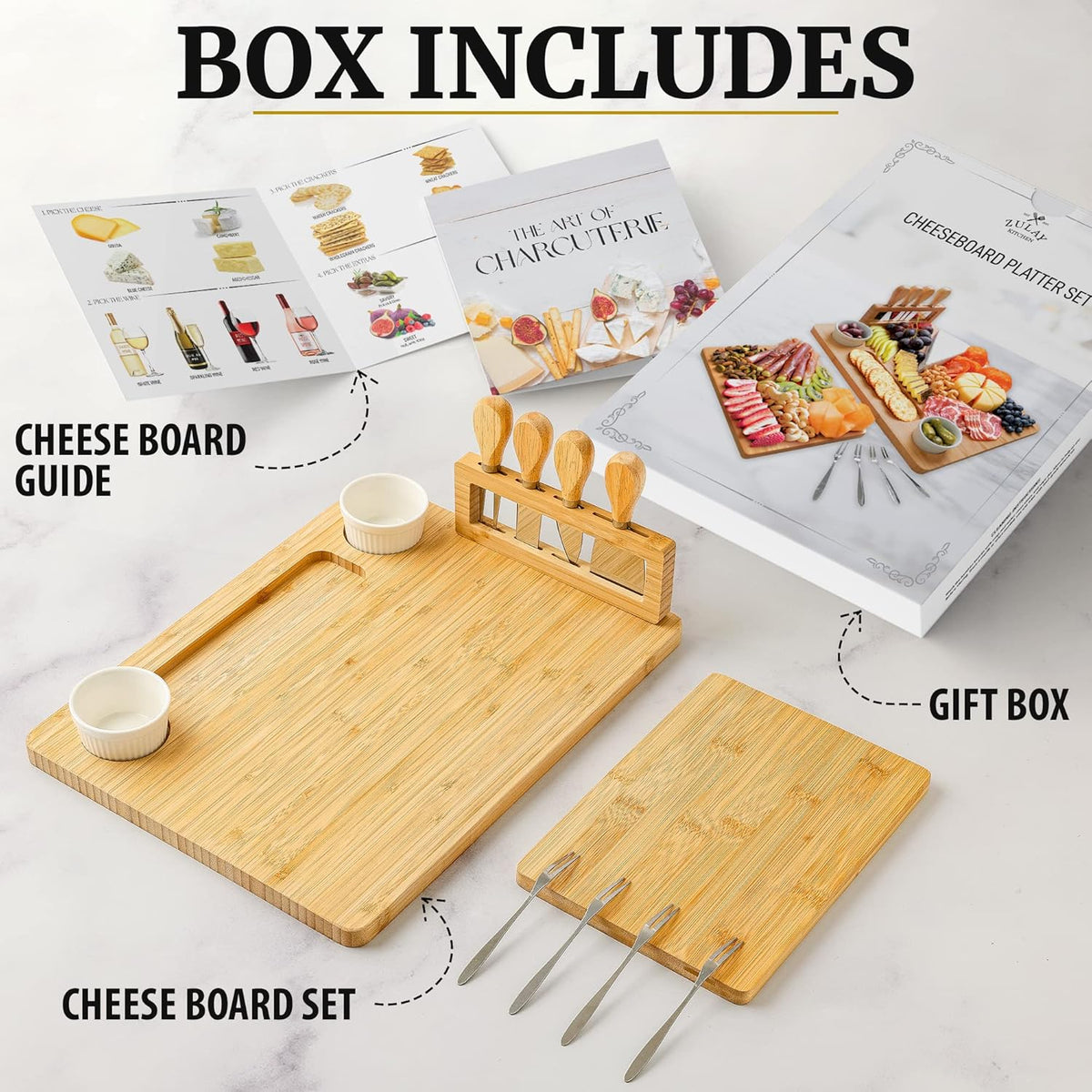 Zulay Kitchen Premium Bamboo Cheese Board Set - Extra Thick Bamboo Charcuterie Board Set with 4 Piece Knife Set - Wooden Cheese Board is Perfect for Charcuterie, Wine and Cheese (Platter Set)
