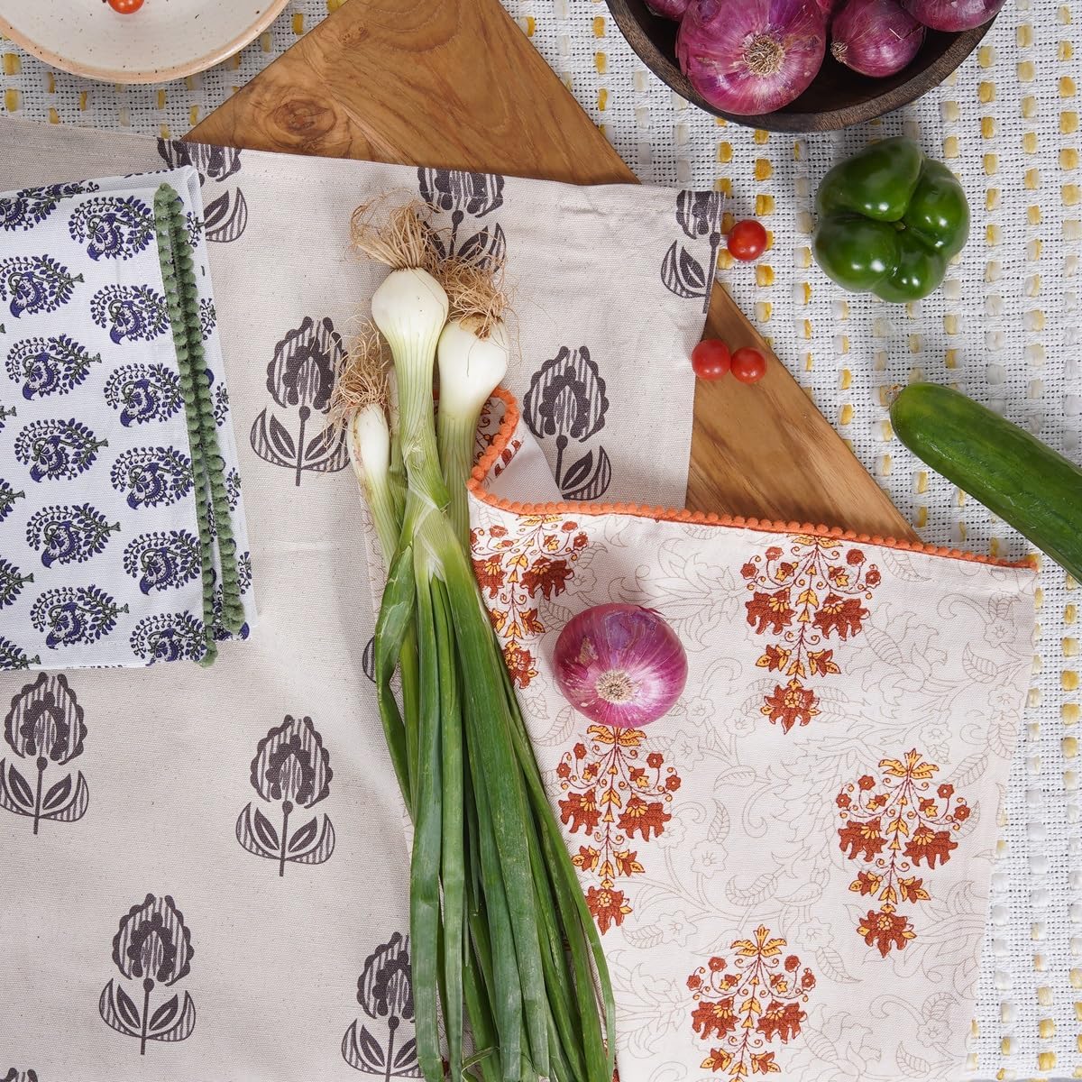 Printed Kitchen Dish Bar and Tea Towels Cotton, 18x28 inch with Trims, Cotton Dish Towel Sets (Multicolor Motif, Set of 3)
