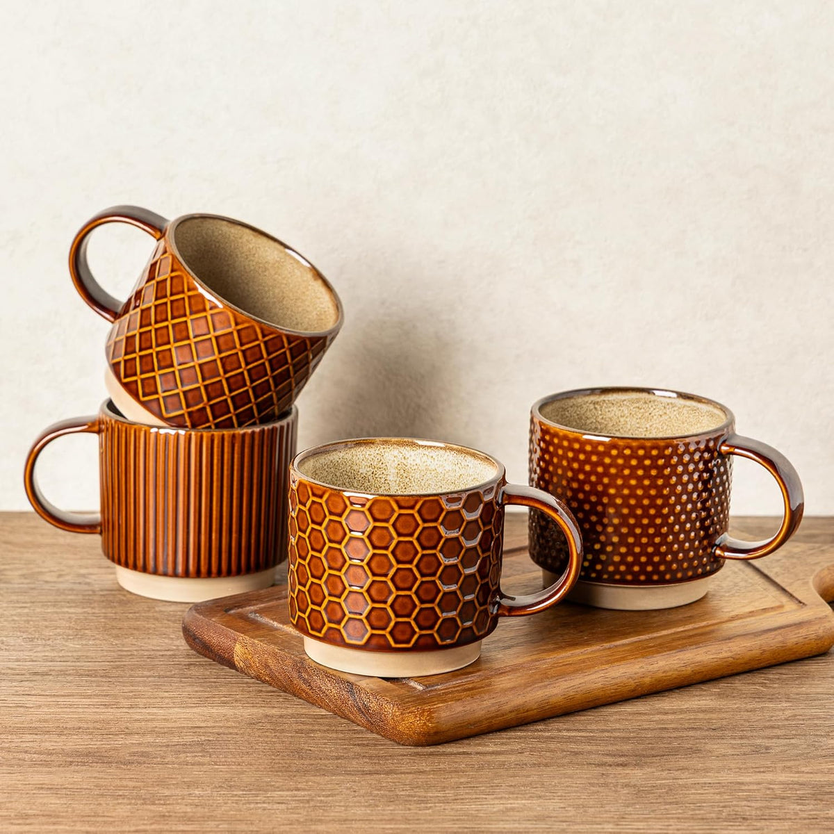 GBHOME 12 OZ Stackable Coffee Mugs, Ceramic Coffee Cups with Texture Patterns for Man,Woman,Dad,Mom, Modern Coffee Mugs Set of 4 for Latte/Cappuccino/Cocoa. Dishwasher&Microwave Safe