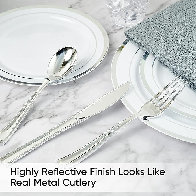 FOCUSLINE 300 Pack Silver Plastic Cutlery Set - 100 Forks, 100 Knives, 100 Spoons - Disposable Flatware Heavy Duty Plastic Silverware Set for Catering, Parties, Dinners, Weddings