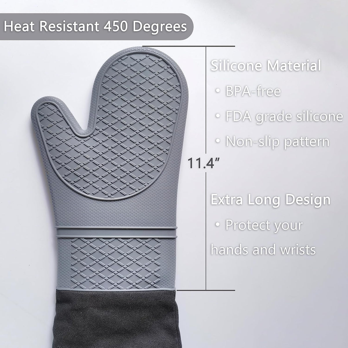 Extra Long 19.5",Silicone Oven Mitts Heavy Duty Commercial Grade Oven Mitts Heat Resistant BBQ Gloves with Quilted Cotton Lining 2 Pack (Gray)